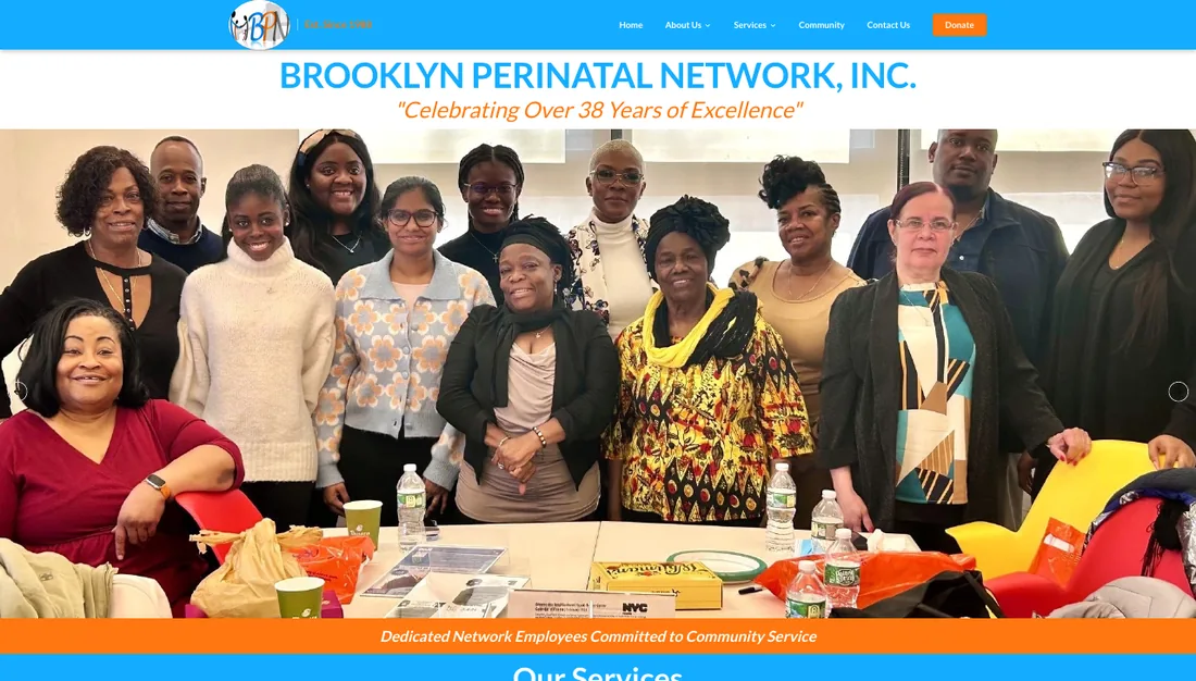 The current bpnetwork.org home page on desktop: blue header with menu and Donate button, team photo and the line Celebrating Over 38 Years of Excellence