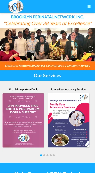 The current bpnetwork.org home page on a phone, with a menu button, team photo and service flyers