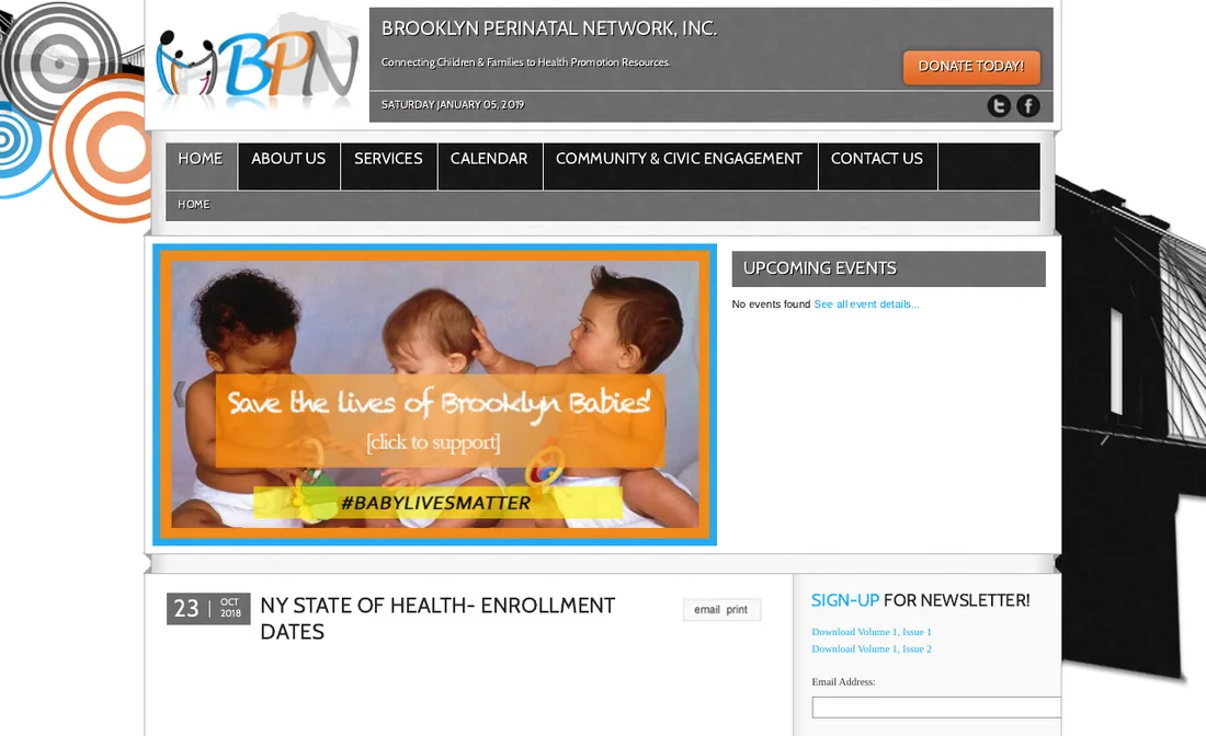 The old Brooklyn Perinatal Network website in 2019: a fixed-width desktop layout with a gray header, dark menu bar and a banner photo of three babies