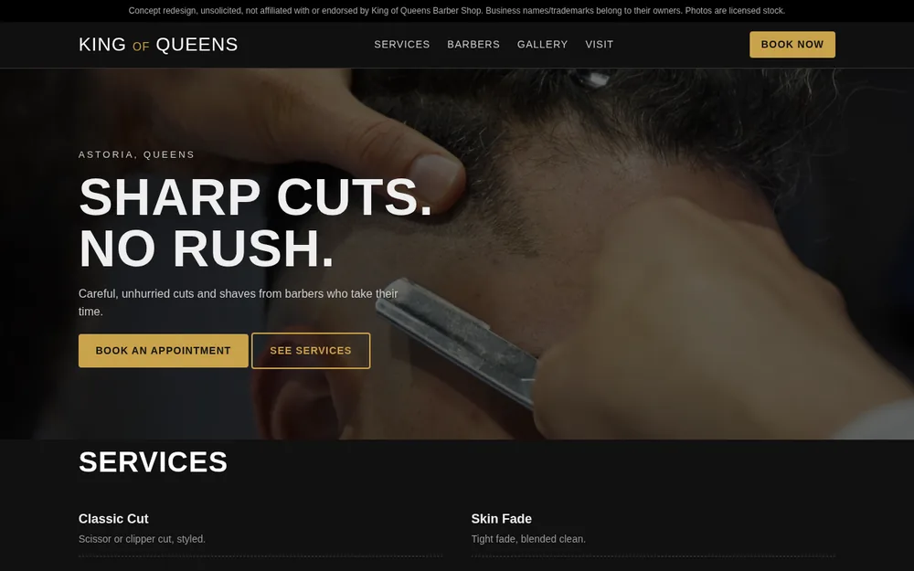 King of Queens Barber concept homepage on desktop