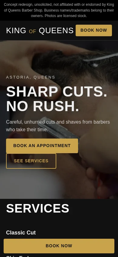 King of Queens Barber concept homepage on mobile