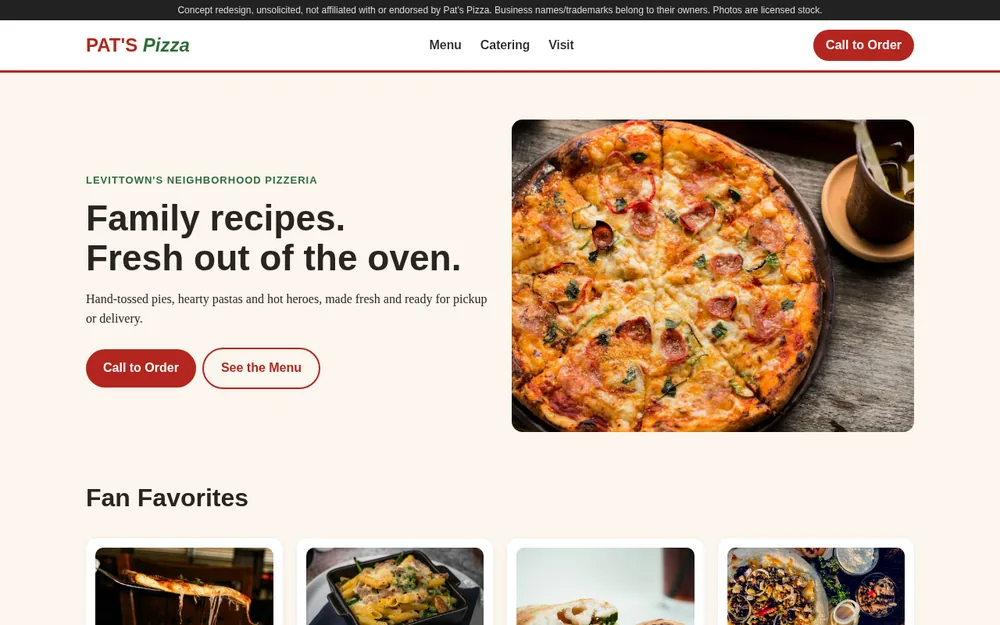 Concept homepage for a neighborhood pizzeria on a laptop: large headline, call-to-order button and menu photos