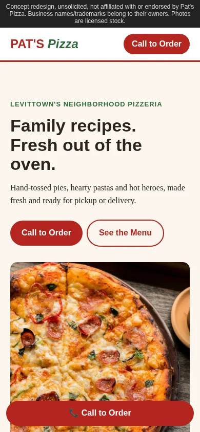 The same pizzeria concept on a phone with a tap-to-call button